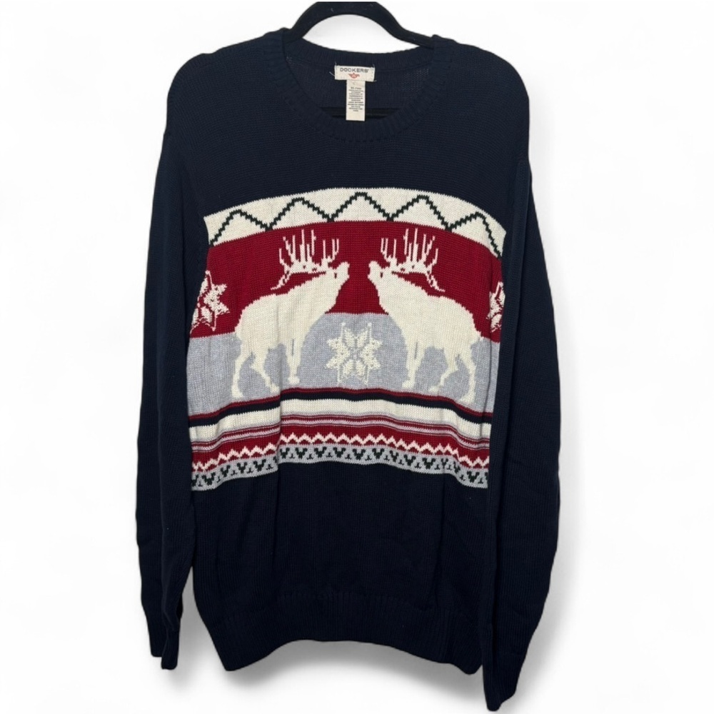 Dockers XL Navy Reindeer Christmas Sweater 100% Cotton Holiday Knit